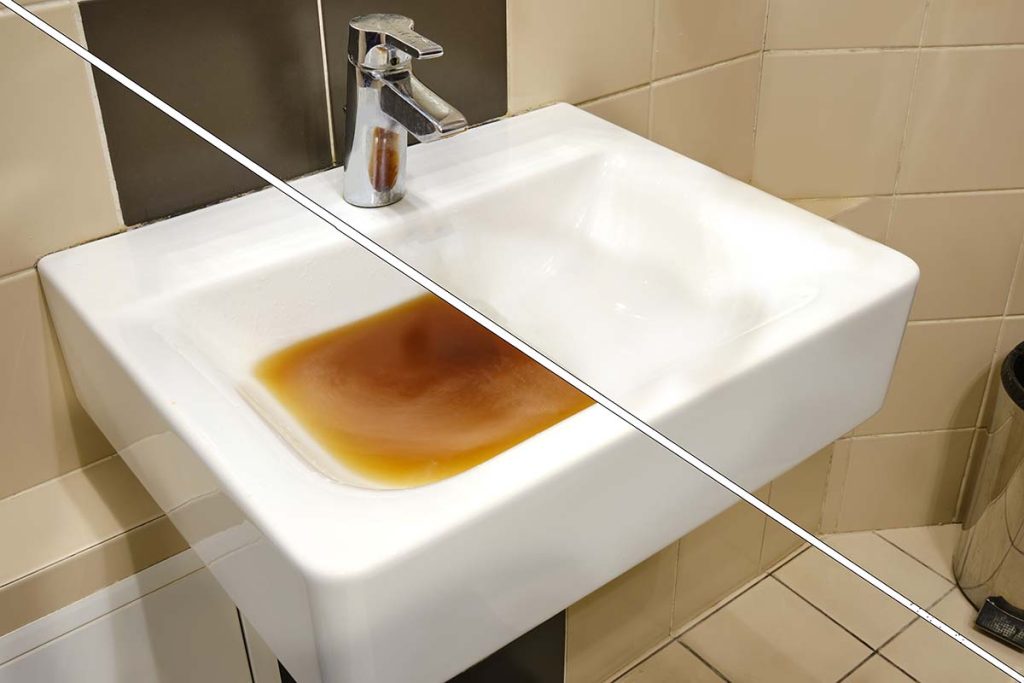 Image of a clogged sink next to an image of the same sink no clogged